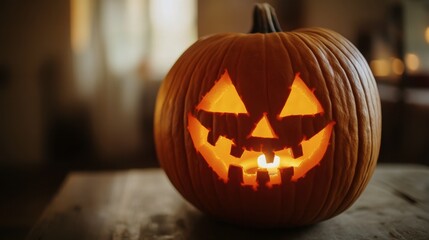 Obraz premium A close-up of a Halloween pumpkin with a carved face, illuminated by a candle inside against a dark background.