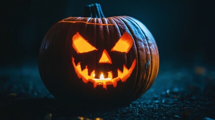 A close-up of a Halloween pumpkin with a carved face, illuminated by a candle inside against a dark background.