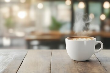 Close-up of a steaming hot cup of freshly brewed coffee resting on a rustic wooden table,with a blurred cafe ambiance in the soft background.