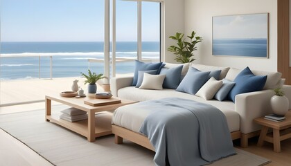 Fototapeta premium Modern and minimalist bedroom with a large bed and couch facing a panoramic ocean view through floor-to-ceiling windows.