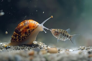 Snail and Fish Interacting in a Close-Up Photo.