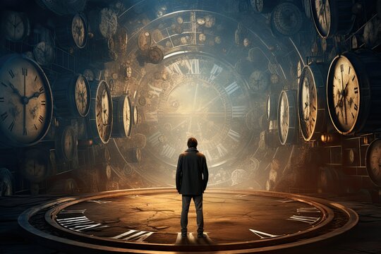 A lone figure gazes into a glowing portal where time seems to bend amidst a backdrop of ornate timeless clocks and mysterious shadows