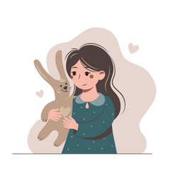 Cute cartoon girl hugs her bunny toy. Nice kid with a rabbit. Happy childhood flat illustration.