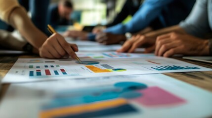 A close-up of a team reviewing a printed report with charts and graphs during a project update meeting.