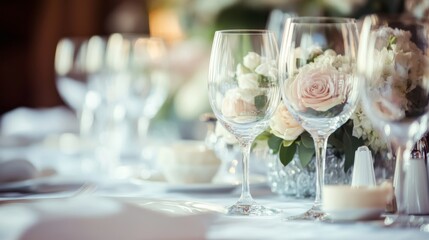 A close-up of a table at a wedding reception, elegantly set with white linens, crystal glasses, and flower centerpieces.