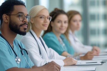 Fototapeta premium Doctors and nurses of different races and genders attending a medical ethics seminar, ethics in healthcare, diverse team building