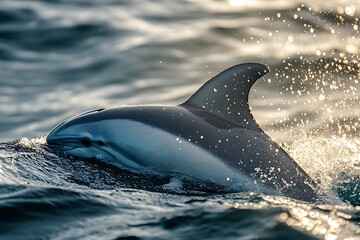 Fototapeta premium Dolphin Breaching the Surface in Golden Sunlight.
