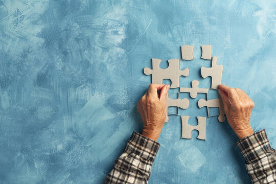 Top view of elderly man hands solving jigsaw puzzles game on blue background