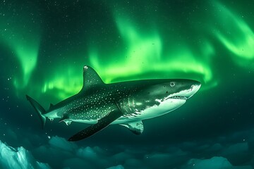 Fototapeta premium Greenland Shark Swimming Under the Northern Lights.