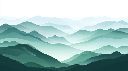 Minimalist mountain backdrop with layers of dark green ridges and light green mist rolling through the valleys.