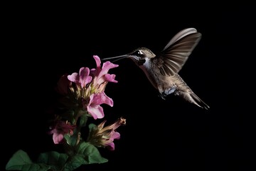 Fototapeta premium Hummingbird in Flight, Feeding on Pink Flowers with a Black Background.