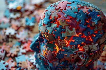 Puzzle in a shape of human head with pieces, damage or loss memory.