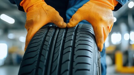 A mechanic inspects a tire, showcasing detailed tread patterns, while wearing protective gloves in a well-lit automotive workshop.