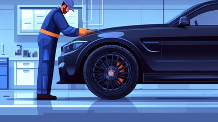 A mechanic inspects a sleek black car in a modern garage, showcasing a blend of technology and automotive care.