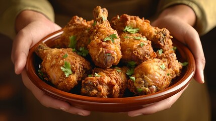 Crispy fried chicken drumsticks garnished with fresh parsley served on a rustic brown plate, perfect for comfort food photography, culinary blogs, and restaurant menus.