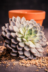 Succulent plant on the rustic background. Selective focus. Shallow depth of field.