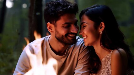 Indian couple in love happy by forest fire