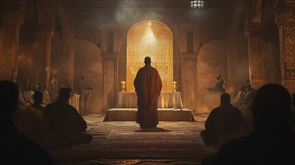 A charismatic figure clad in ceremonial attire passionately addresses a captivated crowd in a softly illuminated space.