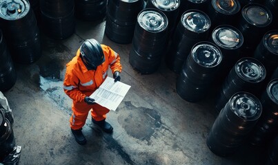 Worker in an orange safety suit is standing next to steel barrels filled with oil, holding documents and examining them from above. 