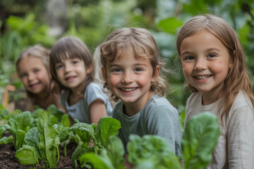 Four happy young girls smiling in a garden, enjoying nature and spending time together, a group of children in a vegetable patch