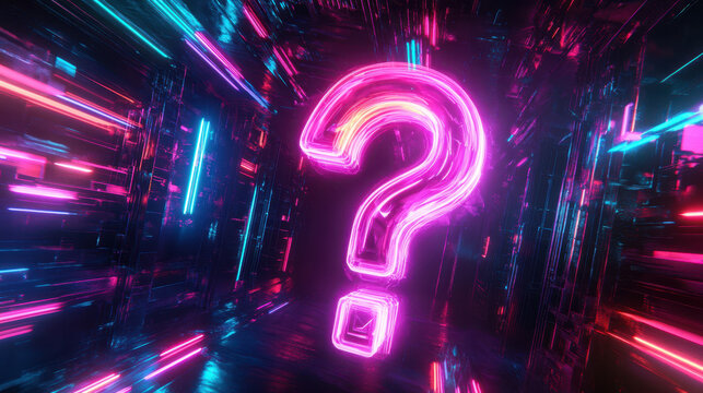 glowing holographic 3D question mark in vibrant neon colors illuminates futuristic digital space, creating sense of curiosity and intrigue