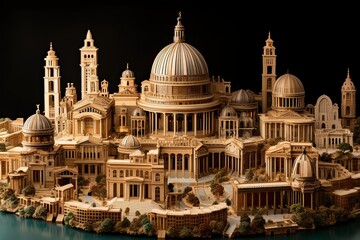 Naklejka premium Intricate mini models of architectural constructions are arranged thoughtfully highlighting their detailed craftsmanship against a contrasting background