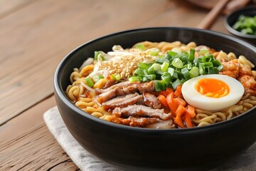 Steaming bowl of delicious ramen noodles with soft-boiled egg,tender pork slices,and fresh green onions,presented on a rustic wooden table - a mouthwatering Japanese cuisine dish.