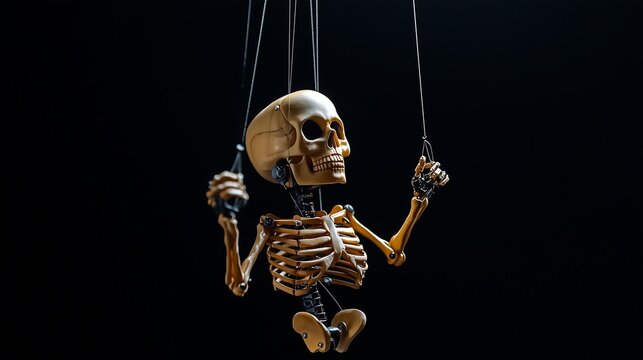 A skeleton marionette being controlled by strings against a black background. The image symbolizes manipulation and control, conveying a sense of being forced. - Powered by Adobe