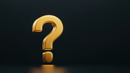 shiny 3D question mark in gold stands prominently against black background, symbolizing curiosity and inquiry. Its reflective surface adds depth and intrigue to composition