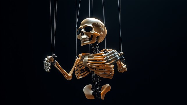 A skeleton marionette being controlled by strings against a black background. The image symbolizes manipulation and control, conveying a sense of being forced.