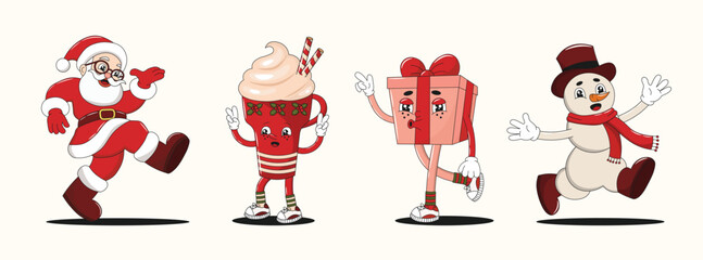 Obraz premium New Year retro groovy Christmas characters or mascots collection, 70s 80s vibe. Santa Claus, Cup or Mug of Coffee, Latte, Frappuccino, Gift Box and Snowman. Vector set, editable stroke.