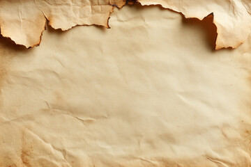 Old, burnt paper texture with a brown, wrinkled surface and a torn, charred edge, vintage and rustic background