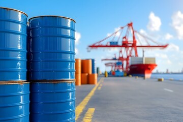 Obraz premium Stacked oil barrels at a bustling shipping port,representing the global energy trade,fossil fuel industry,transportation logistics,and the international flow of goods and resources.