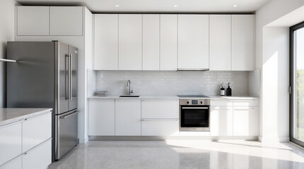 Fototapeta premium Modern minimalist kitchen with white cabinets, stainless steel appliances, and bright natural light streaming through large window, showcasing sleek contemporary design
