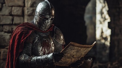 A formidable warrior in gleaming armor surveys a map in a shadowy stronghold, strategizing for the approaching conflict.