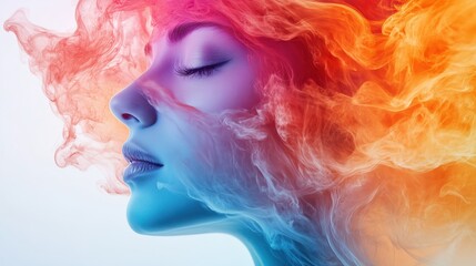 Woman's face in multicolored smoke with eyes closed