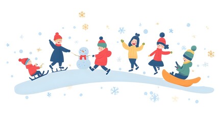 Fototapeta premium Flat vector illustration of people sledding down a hill, kids making snowmen, a happy winter scene with pastel colors and a simple design in a flat vector style on a white background.