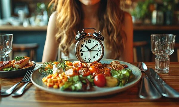 A plate of food with alarm clock.
