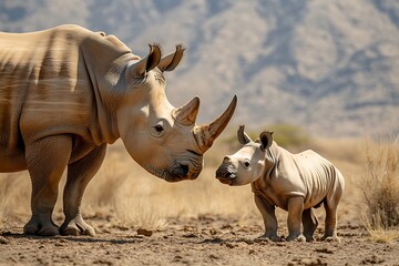 Obraz premium White Rhino Mother and Calf Bonding in the African Savanna.