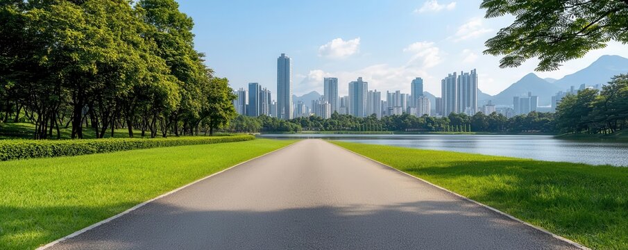 Asphalt road running alongside a lake garden, with tall city skyscrapers standing majestically in the background, blending nature and urban life
