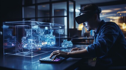 Person using virtual reality technology to design a complex digital model at night