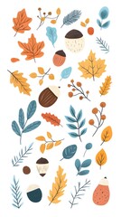 Autumn leaves, acorns, and evergreen branches vector illustration on a white background. Flat cartoon design of fall season elements for a greeting card or decoration.