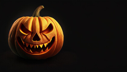Miniature Jack O Lantern face for Halloween isolated on black. Carved pumpkin in dark night. Holiday