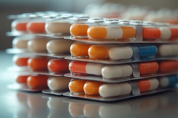Closeup of multiple blister packs of pills stacked on a table.