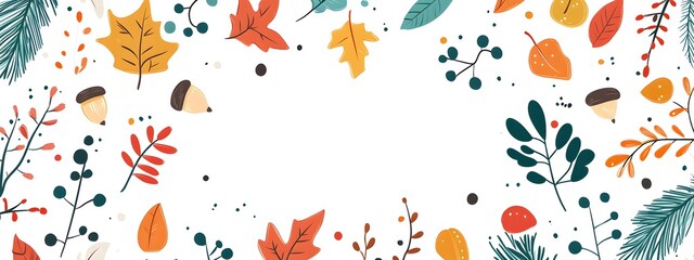 Autumn leaves, acorns, and evergreen branches vector illustration on a white background. Flat cartoon design of fall season elements for a greeting card or decoration.