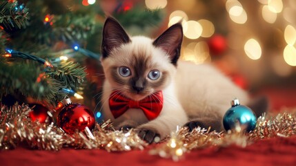 A Siamese Kitten Dressed in a Red Bowtie Underneath a Christmas Tree