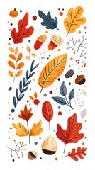 Autumn leaves, acorns, and evergreen branches vector illustration on a white background. Flat cartoon design of fall season elements for a greeting card or decoration.