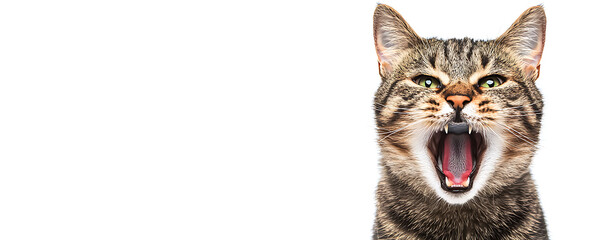 Fototapeta premium Angry cat with wide-open mouth on white background