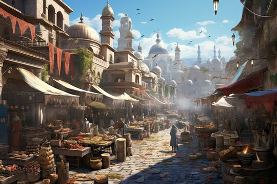The lively market in an ancient Muslim city showcases vendors selling colorful spices fresh produce and crafts surrounded by magnificent domed structures