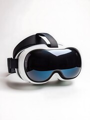 White VR headset with black straps on a white background.
